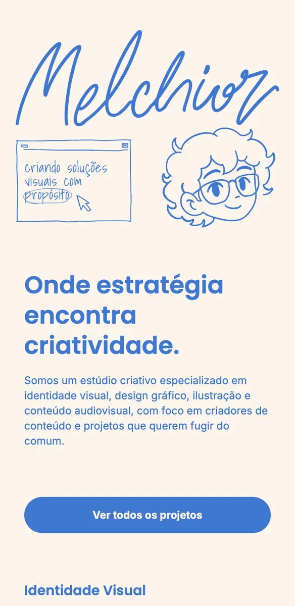 Site de estúdio de design e ilustração com logo manuscrito em azul, desenho de rosto de óculos e botão Ver todos os projetos