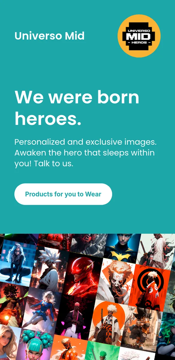 Página verde-água com o título We were born heroes, botão de produtos e mosaico de ilustrações de heróis e personagens de anime