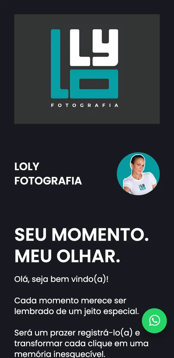 Site de portfolio para fotógrafa em celular com logo Loly Fotografia, foto de perfil e frase Seu momento. Meu olhar