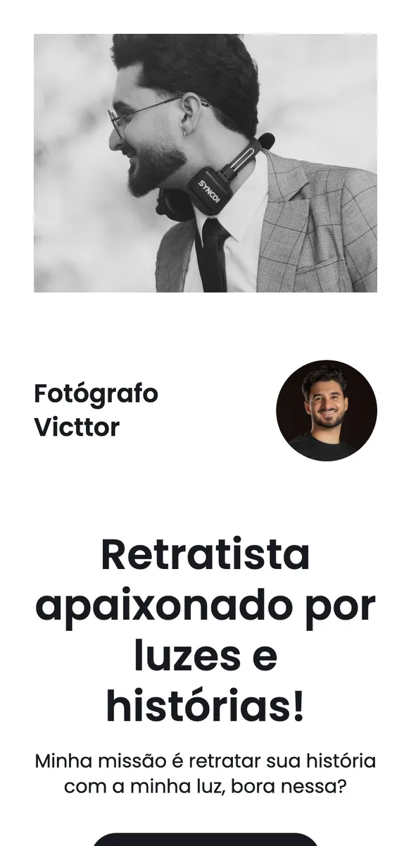Página de site para fotógrafo retratista com retrato em preto e branco, foto de perfil e frase sobre luzes e histórias