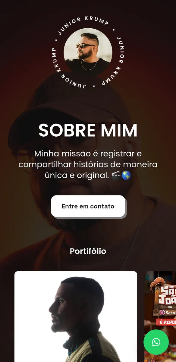 Página de videomaker com foto de perfil circular, seção Sobre mim, botão de contato e carrossel de portfólio