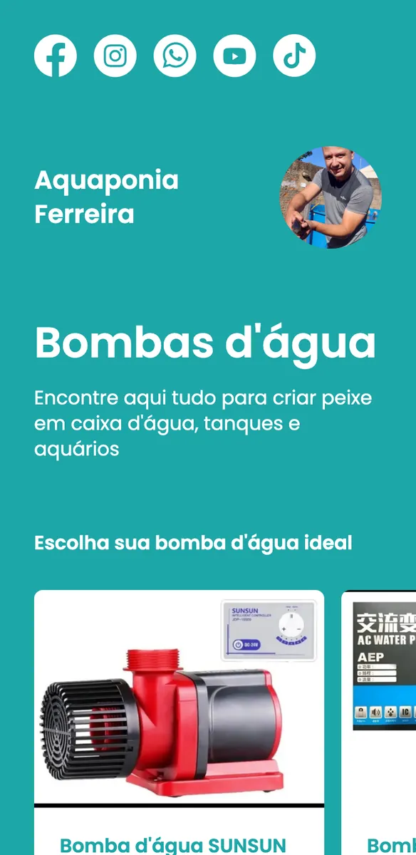 Página de loja para criador de conteúdo com fundo verde-água, ícones sociais e vitrine de bombas d'água para aquários
