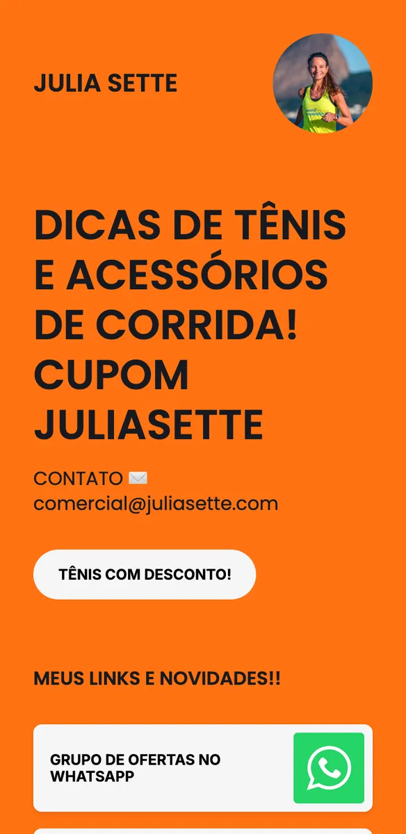 Página laranja de influenciadora de corrida com dicas de tênis, cupom de desconto e botão para grupo de ofertas no WhatsApp