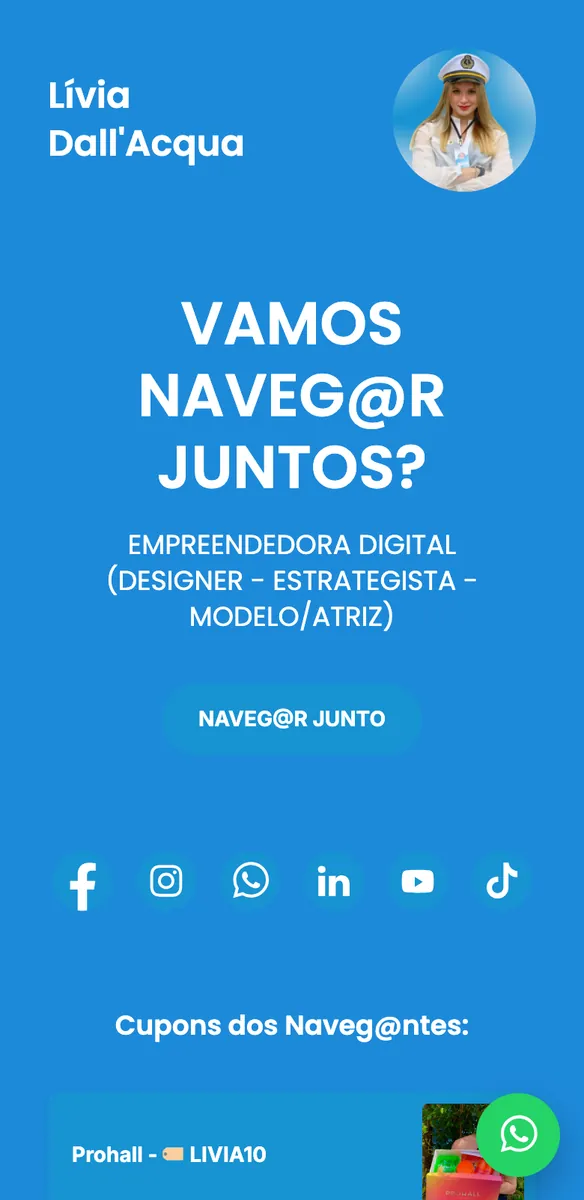 Página azul de influenciadora com foto de perfil, botão, ícones de redes sociais e seção de cupons no link da bio