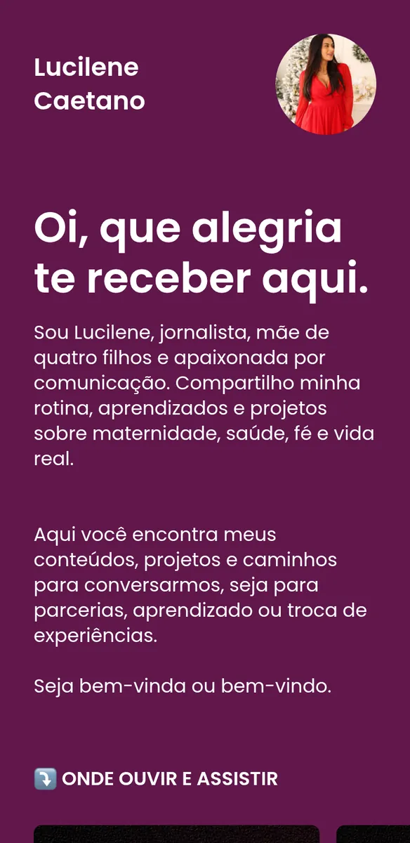 Página roxa com foto de mulher de vestido vermelho, saudação de boas-vindas e apresentação sobre maternidade, saúde e fé