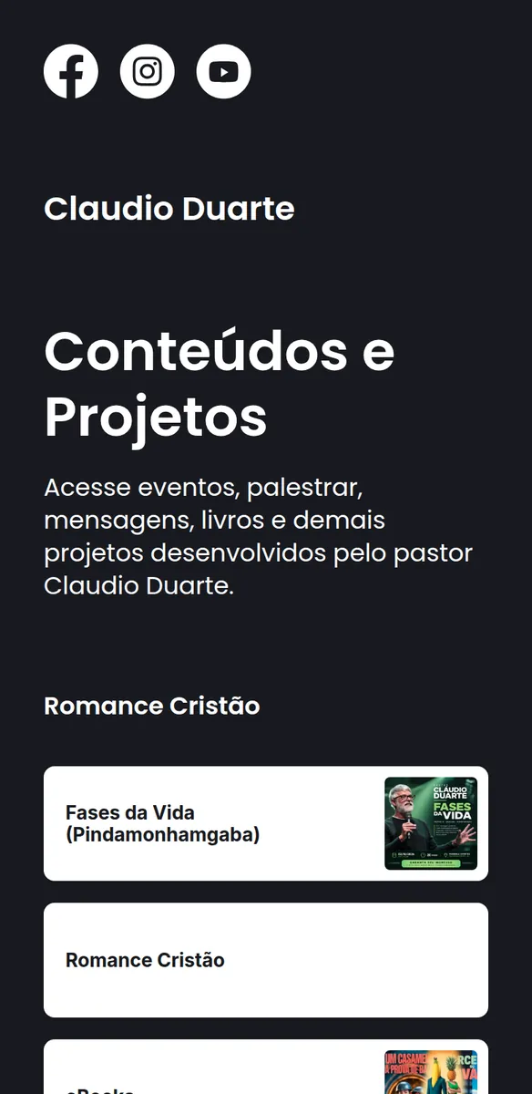 Página escura com ícones de redes sociais, título Conteúdos e Projetos e botões brancos para eventos, livros e ebooks