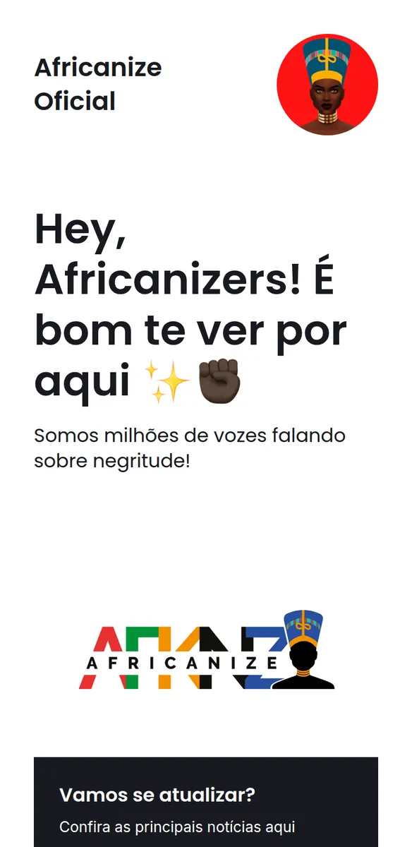 Página com avatar de rainha africana em fundo vermelho, saudação em letras grandes, logotipo colorido e bloco de notícias