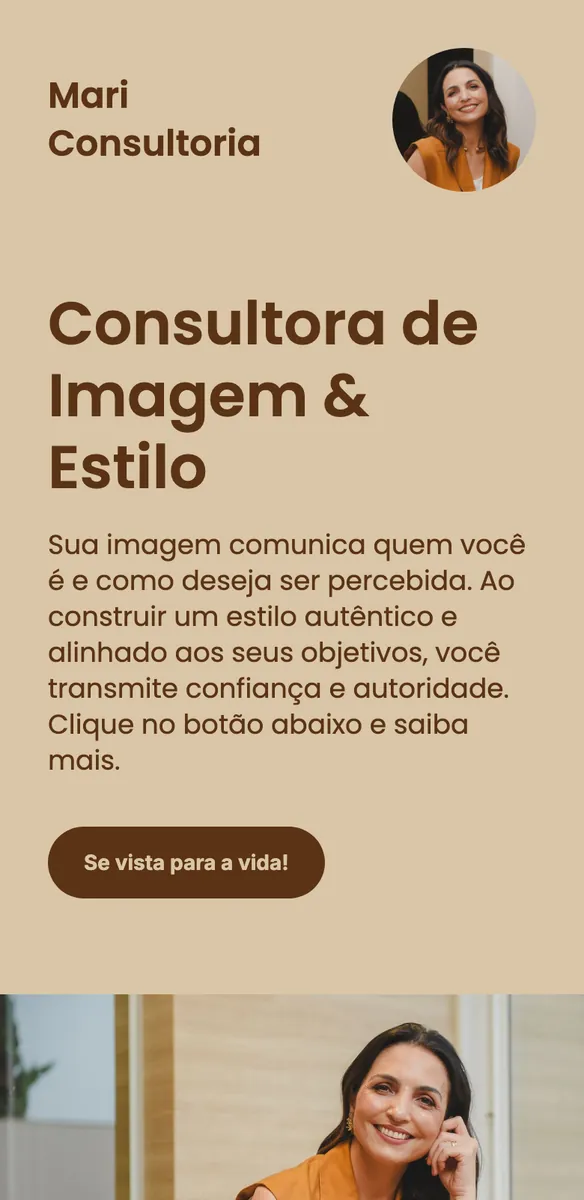 Site para consultora de imagem e estilo em tons bege e marrom, com foto de mulher sorrindo e botão Se vista para a vida