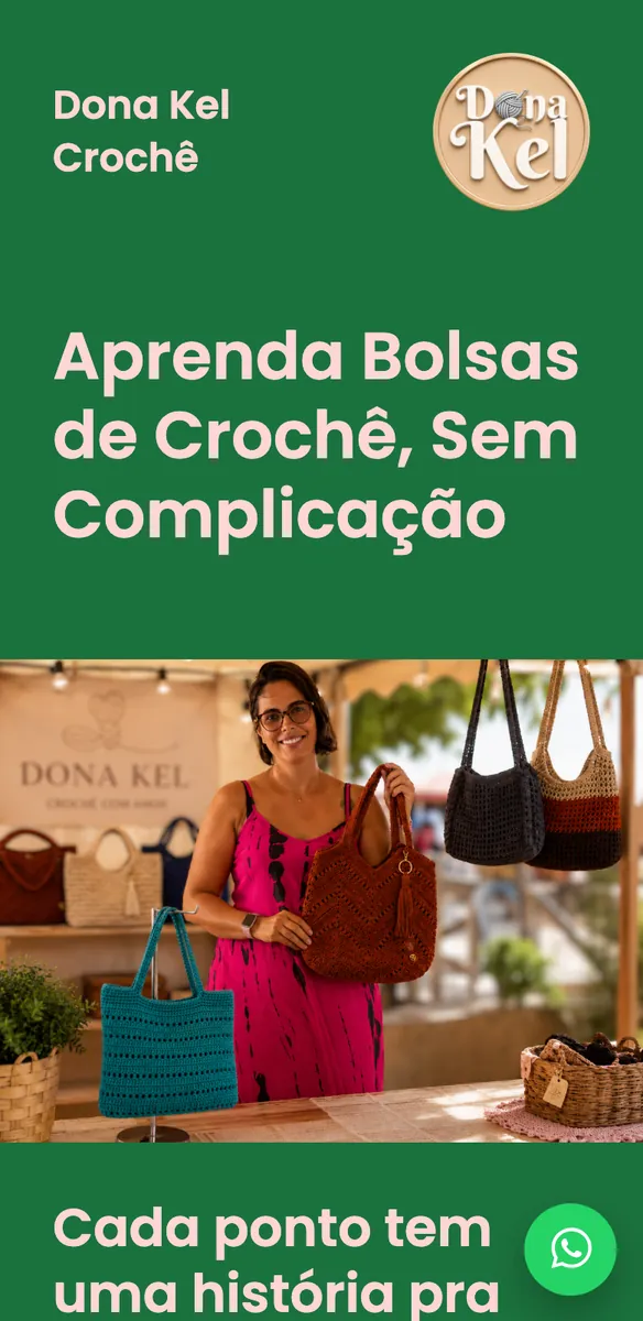 Página verde de site para curso de crochê com mulher segurando bolsa marrom em estande de bolsas de crochê