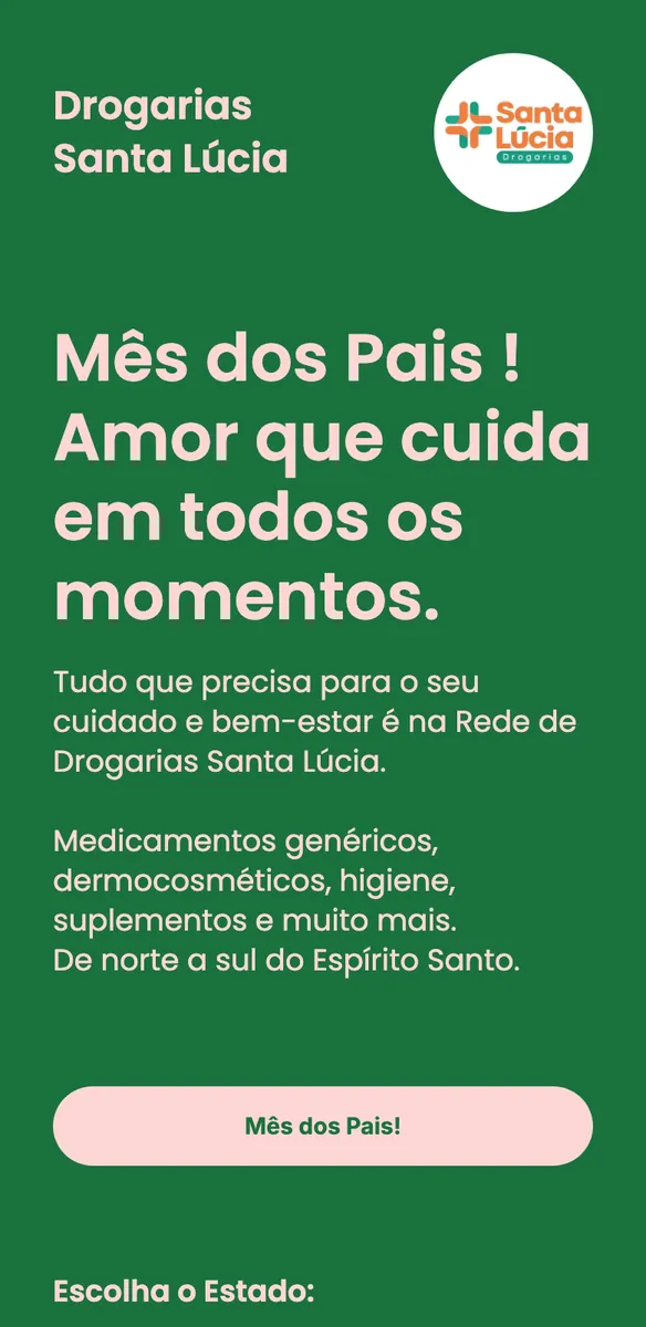 Página de site para farmácia e drogaria com fundo verde, logo em cruz e campanha Mês dos Pais em texto rosa