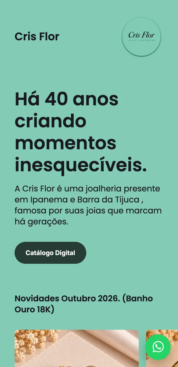 Página mobile de site para joalheria com fundo verde-água, logo circular, botão Catálogo Digital e ícone do WhatsApp