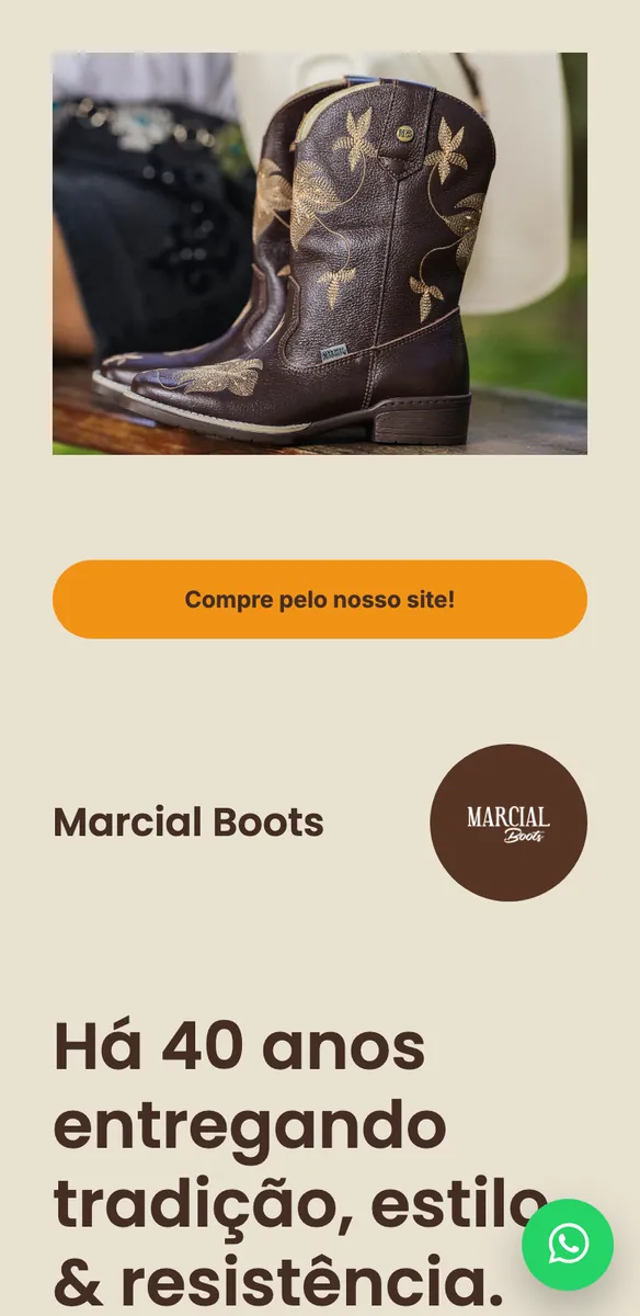 Página de loja online de botas com bota country marrom bordada, botão laranja de compra e logo Marcial Boots