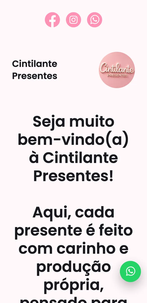 Página de celular de site para loja de presentes em tons de rosa, com logotipo, ícones sociais e mensagem de boas-vindas