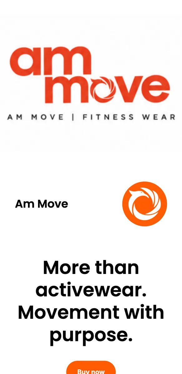 Página de site para loja de moda fitness com logo laranja am move, slogan em inglês e botão Buy now