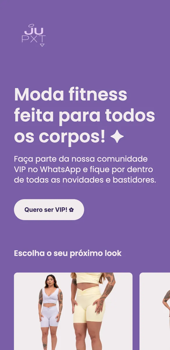 Página de site de moda fitness com fundo roxo, botão Quero ser VIP e modelos vestindo conjuntos lilás e amarelo