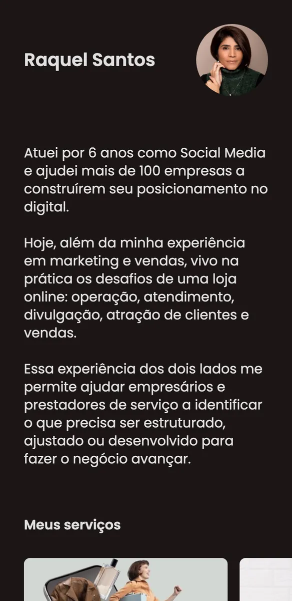 Página escura de site para social media com foto de perfil, texto sobre experiência em marketing e seção Meus serviços