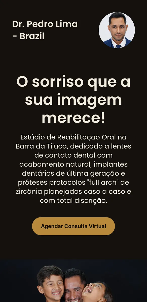 Página escura com foto do dentista, título sobre sorriso, descrição de lentes dentais e implantes e botão para agendar consulta