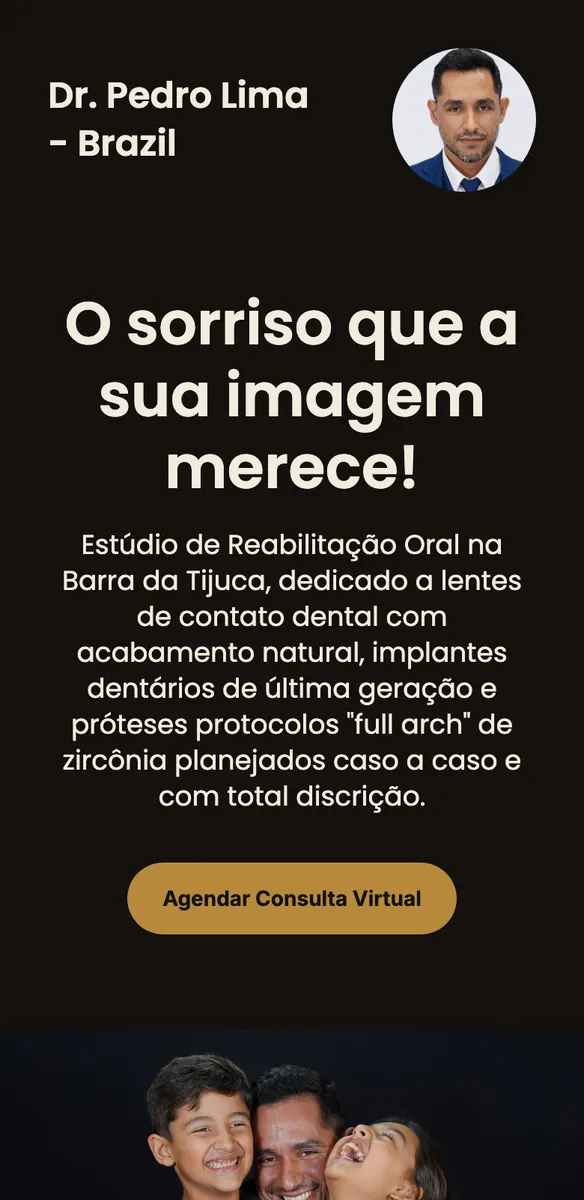 Página escura de site para dentista em reabilitação oral com foto do profissional, título sobre sorriso e botão dourado de consulta
