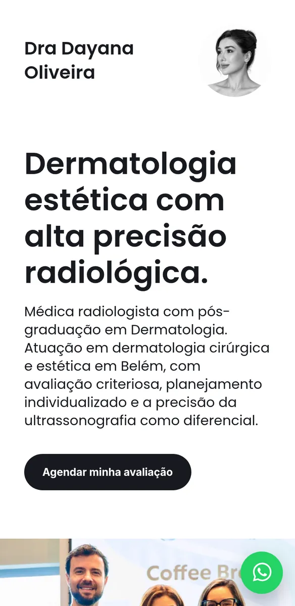 Página de médica com foto de perfil, título sobre dermatologia estética, botão para agendar avaliação e ícone de WhatsApp