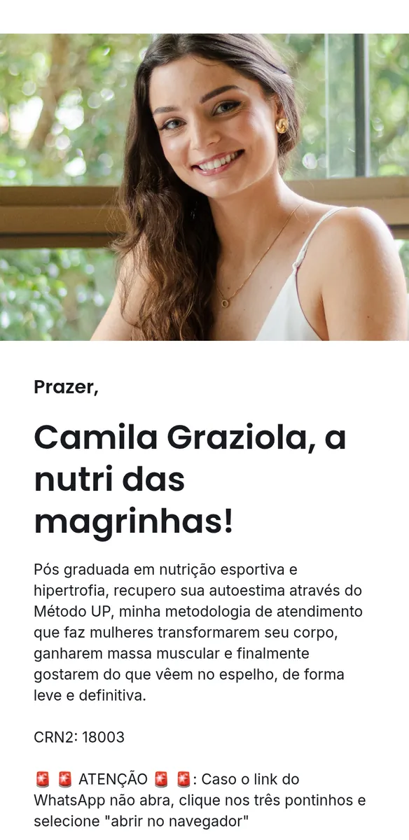 Nutricionista sorridente de cabelos longos em foto ao lado de janela, seguida de apresentação sobre método de hipertrofia feminina