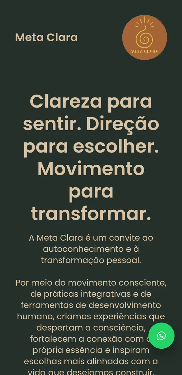 Página em fundo verde-escuro com logo de espiral laranja, frase sobre clareza, direção e movimento e botão de WhatsApp