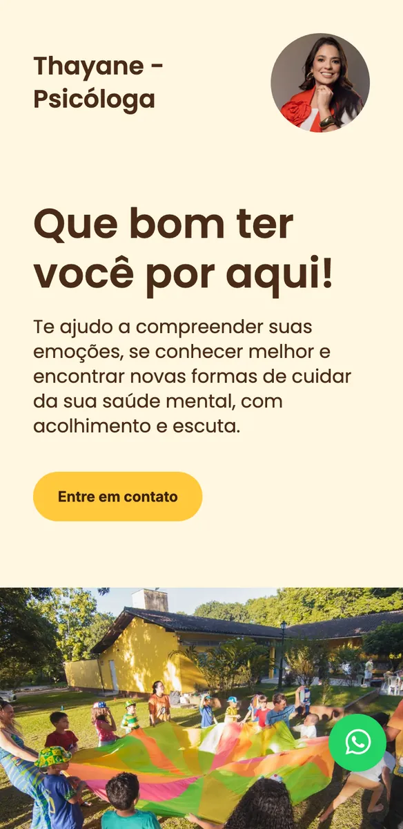 Site para psicóloga em tela de celular com saudação, botão de contato e crianças brincando com tecido colorido no gramado