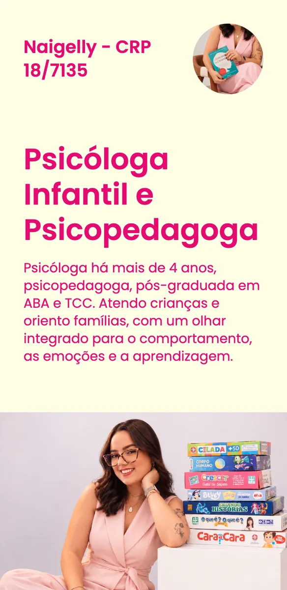 Página de site para psicóloga infantil e psicopedagoga com texto rosa e mulher sorrindo ao lado de jogos de tabuleiro