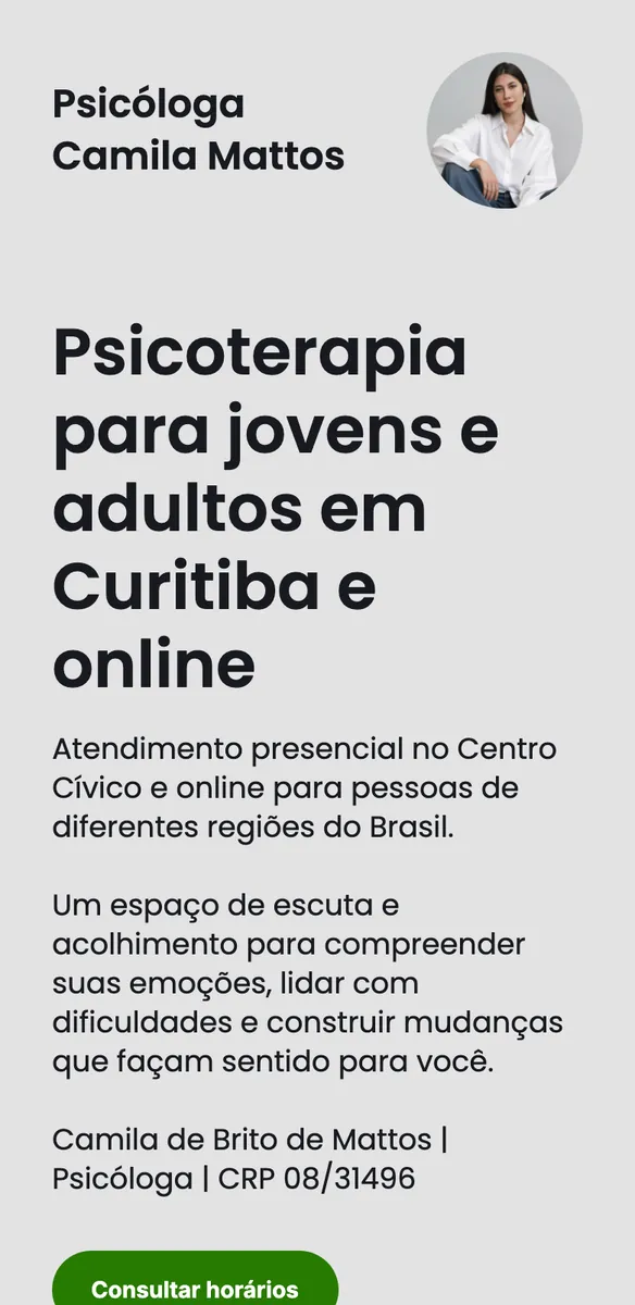 Site para psicóloga em tela de celular com título sobre psicoterapia para jovens e adultos e botão verde de horários