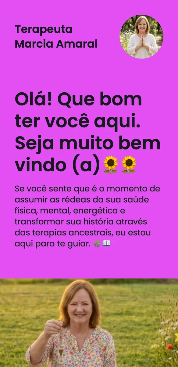 Página de site para terapeuta holística com fundo rosa, saudação de boas-vindas e mulher sorrindo segurando pêndulo no campo