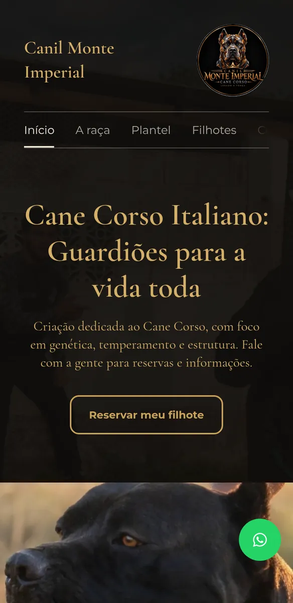 Página escura com título dourado sobre Cane Corso, botão para reservar filhote e foto de cão preto abaixo